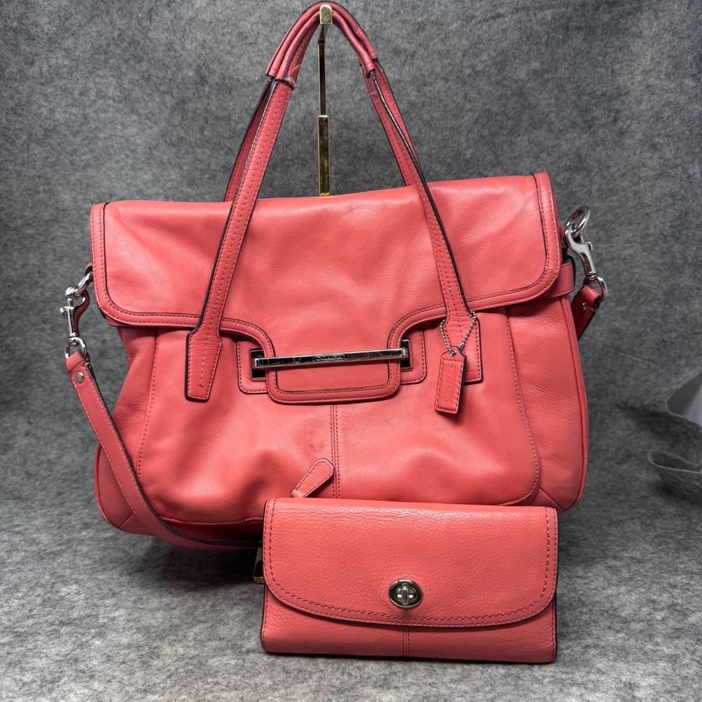 Coach Leather Taylor Marin Flap Satchel Shoulder Coral F26781 with Wallet